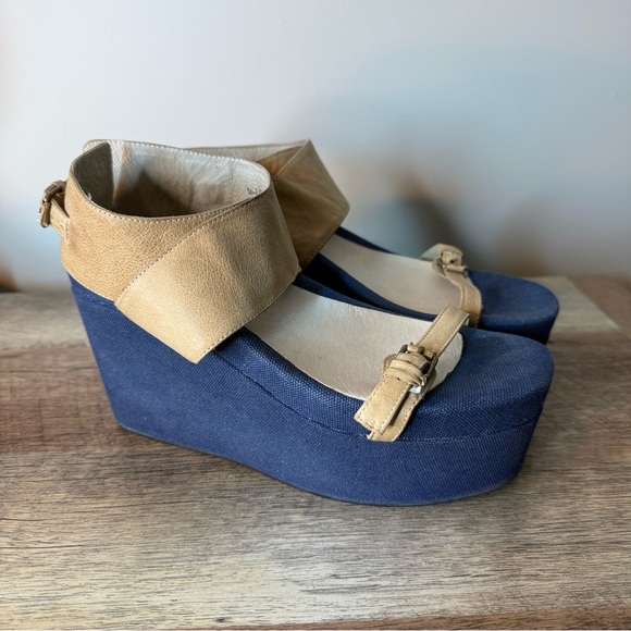 JEFFREY CAMPBELL Ibiza Boomer Blue Canvas Tan Strap Sandals Platform Buckle Sz 8 - Picture 2 of 14